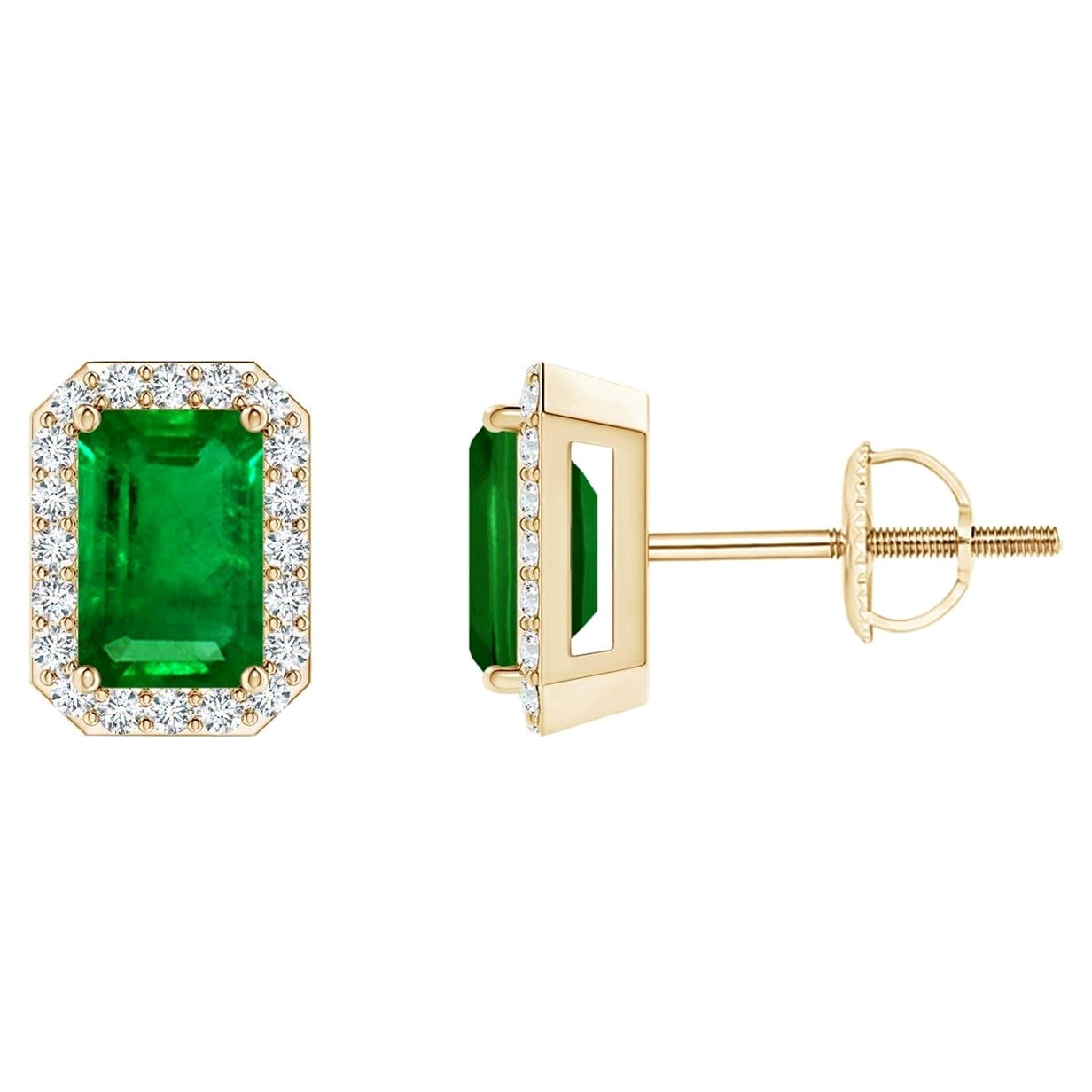 Natural Emerald Stud Earrings with Diamond Halo in 14KYellow Gold (6x4mm) For Sale
