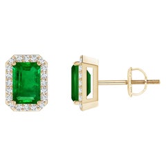Natural Emerald Stud Earrings with Diamond Halo in 14KYellow Gold (6x4mm)