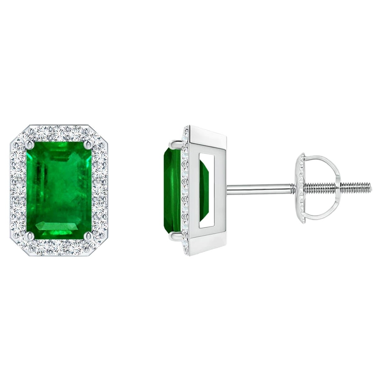 Natürliche Smaragd-Ohrstecker mit Diamant-Halo aus Platin (6x4 mm)