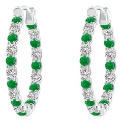 Natural Emerald and Diamond Inside Out Hoop Earrings in Platinum (1.5mm)