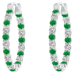 Natural Emerald and Diamond Inside Out Hoop Earrings in Platinum (1.5mm)