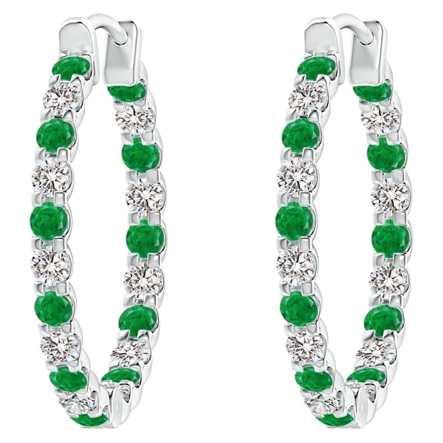 Natural Emerald and Diamond Inside Out Hoop Earrings in Platinum (1.7mm) For Sale