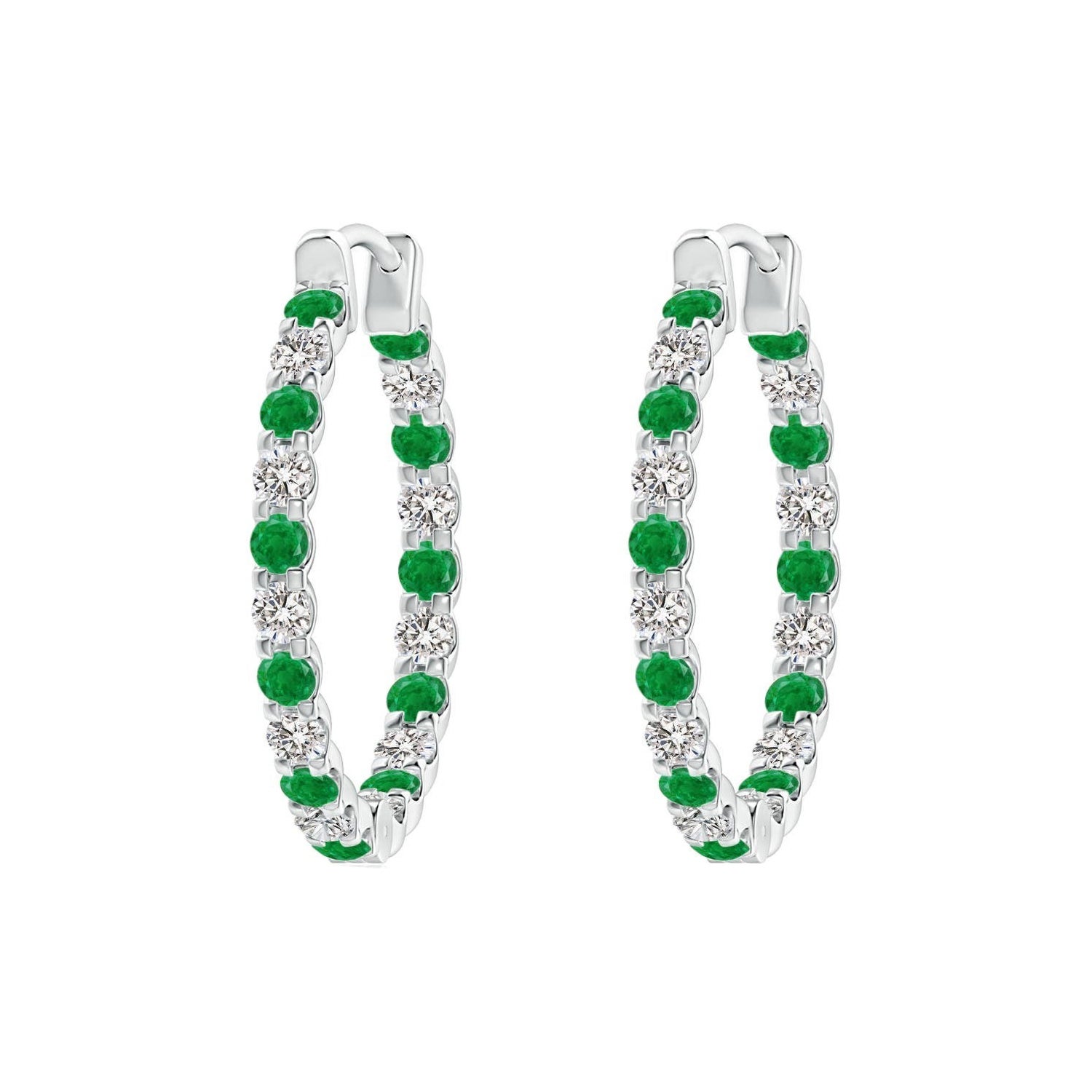 Natural Emerald and Diamond Inside Out Hoop Earrings in Platinum (1.7mm)
