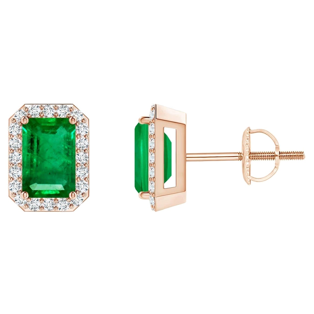 Natural Emerald Stud Earrings with Diamond Halo in 14KRose Gold (6x4mm) For Sale