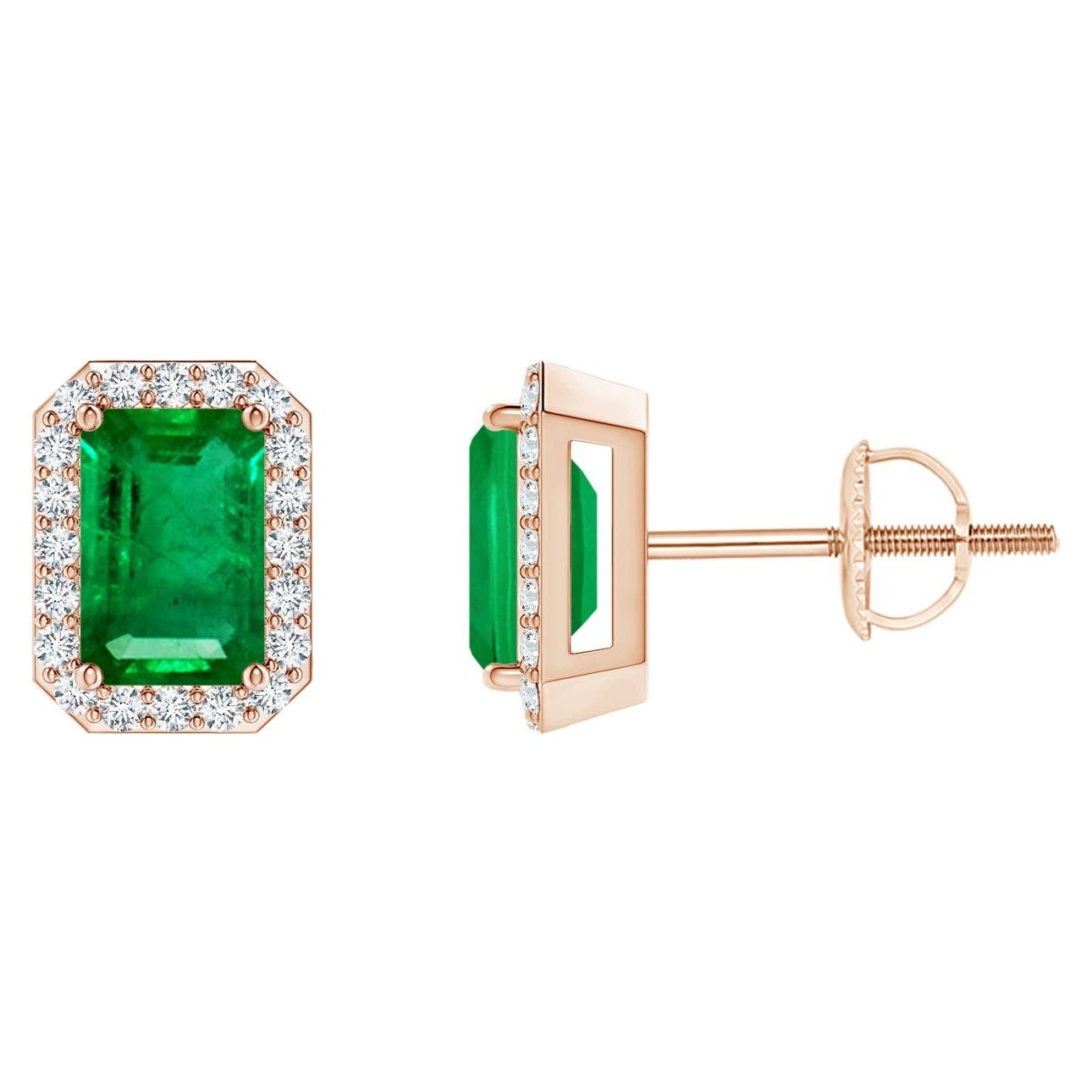 Natural Emerald Stud Earrings with Diamond Halo in 14KRose Gold (6x4mm)