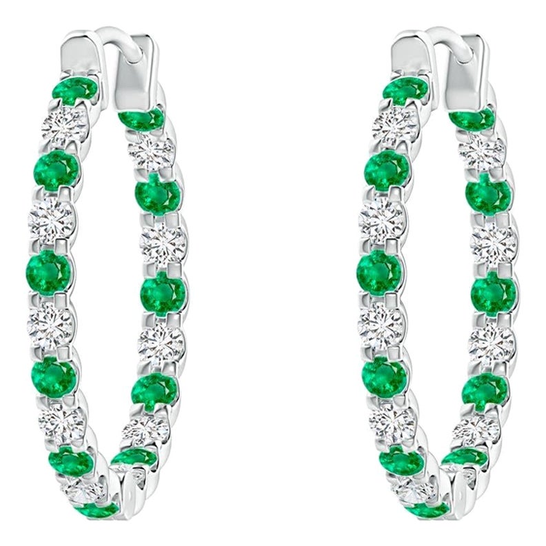 Natural Emerald and Diamond Inside Out Hoop Earrings in Platinum (1.5mm)