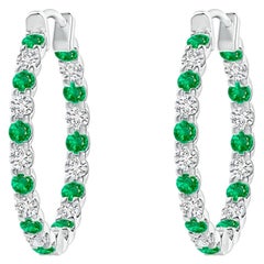Natural Emerald and Diamond Inside Out Hoop Earrings in Platinum (1.5mm)