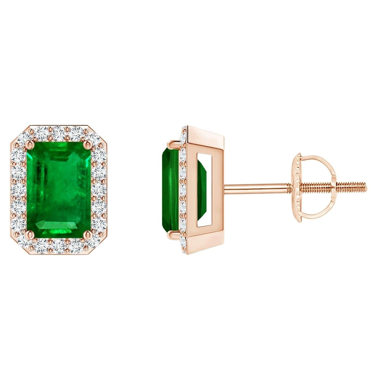Natural Emerald Stud Earrings with Diamond Halo in 14KRose Gold (6x4mm)