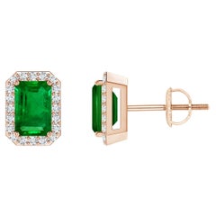 Natürliche Smaragd-Ohrstecker mit Diamant-Halo aus 14KRose Gold (6x4 mm)
