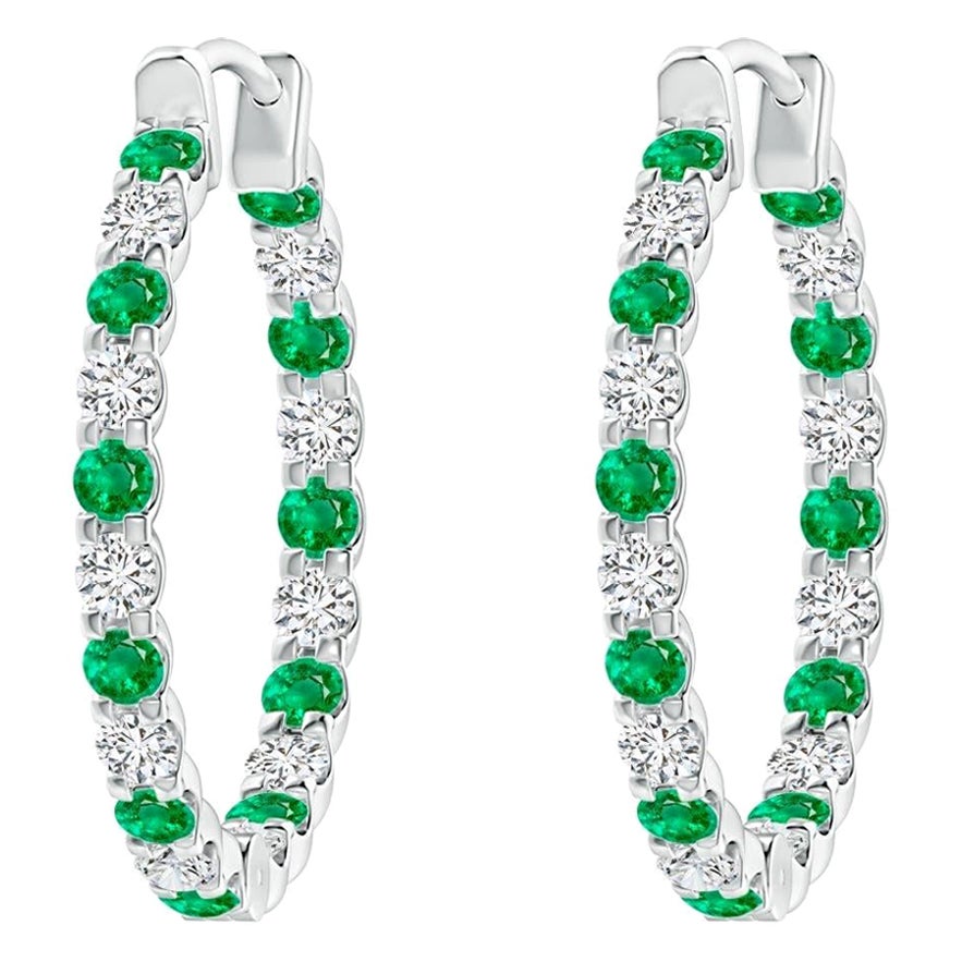 Natural Emerald and Diamond Inside Out Hoop Earrings in Platinum (1.7mm)