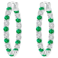 Natural Emerald and Diamond Inside Out Hoop Earrings in Platinum (1.7mm)