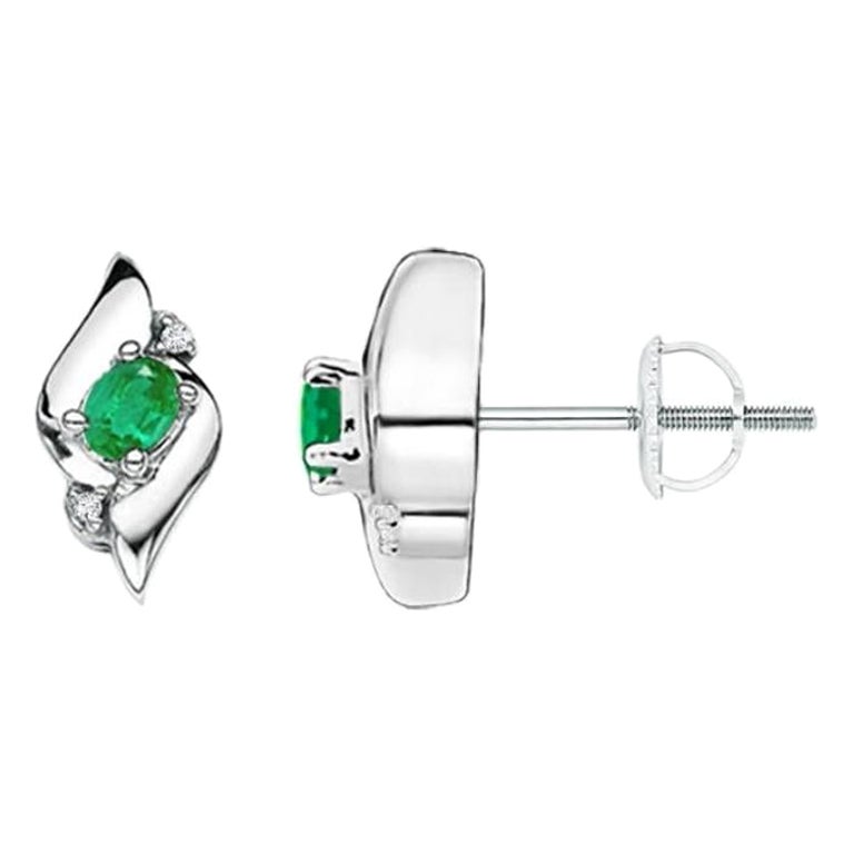 Natural Oval Emerald and Diamond Stud Earrings in Platinum (4x3mm) For Sale