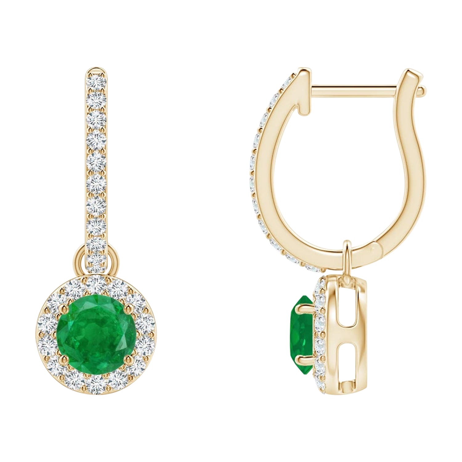 Natural Round Emerald Earrings with Diamond Halo in 14K Yellow Gold (4mm)