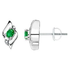 Natural Oval Emerald and Diamond Stud Earrings in Platinum (4x3mm)