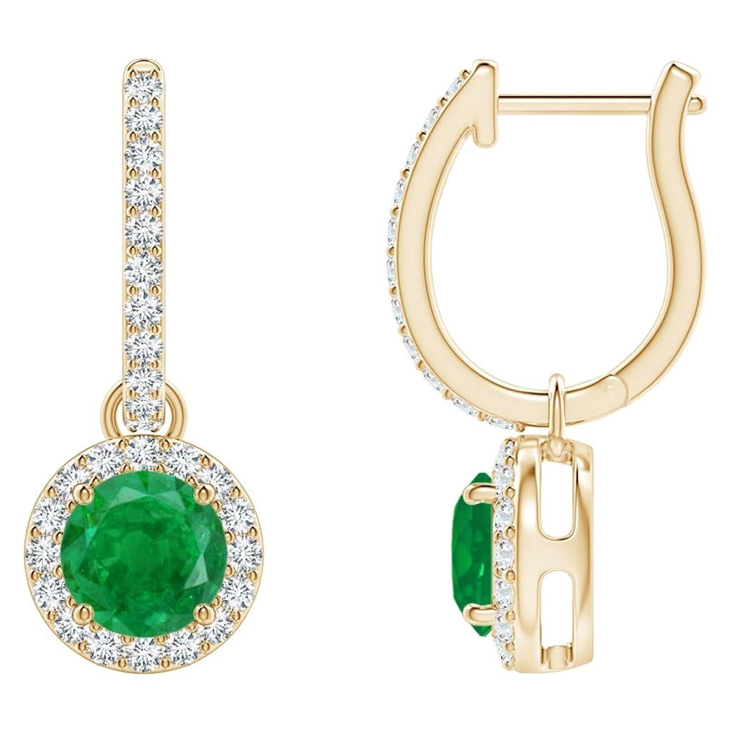 Natural Round Emerald Earrings with Diamond Halo in 14K Yellow Gold (5mm)