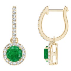 Natürliche runde Smaragd-Ohrringe mit Diamant-Halo aus 14 Karat Gelbgold (5 mm)