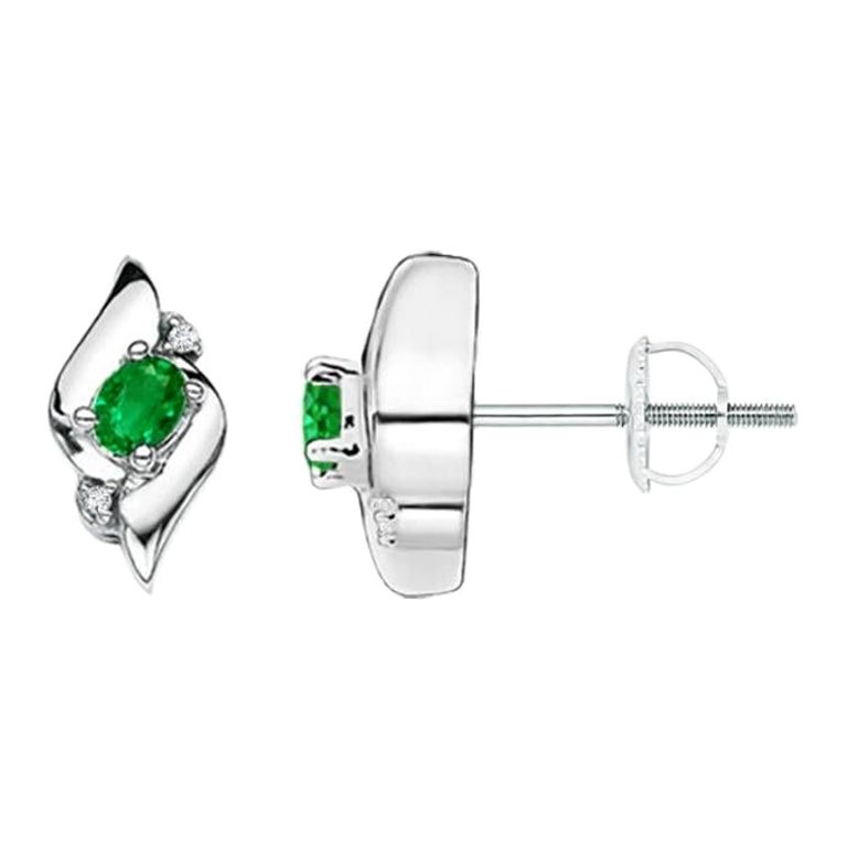 Natural Oval Emerald and Diamond Stud Earrings in Platinum (4x3mm) For Sale