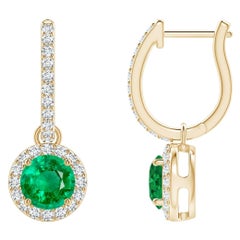 Natural Round Emerald Earrings with Diamond Halo in 14K Yellow Gold (5mm)