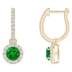Orecchini con smeraldo rotondo Nature e diamante aureolato in oro giallo 14K (4 mm)