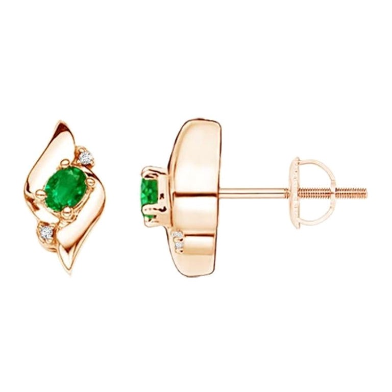 Natural Oval Emerald and Diamond Stud Earrings in 14K Rose Gold (4x3mm) For Sale