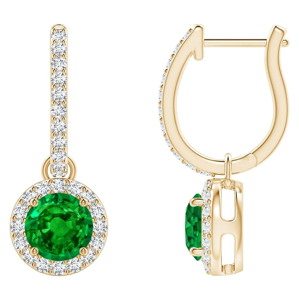 Natural Round Emerald Earrings with Diamond Halo in 14K Yellow Gold (5mm)