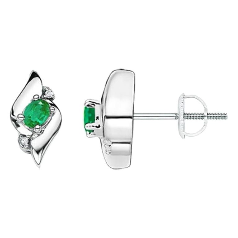 Natural Oval Emerald and Diamond Stud Earrings in 14K White Gold (4x3mm) For Sale
