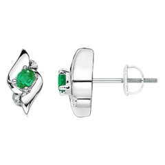 Natural Oval Emerald and Diamond Stud Earrings in 14K White Gold (4x3mm)