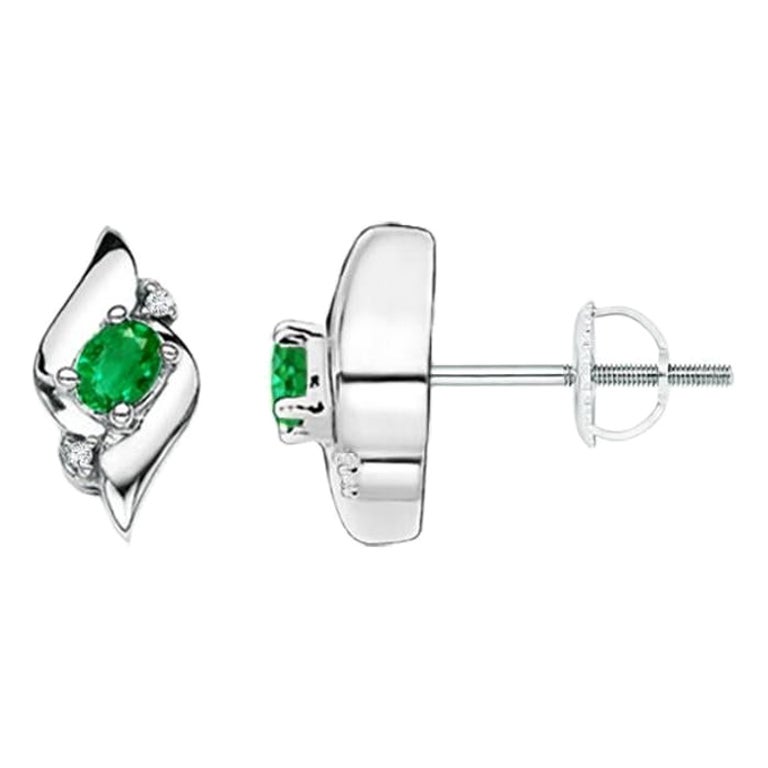 Natural Oval Emerald and Diamond Stud Earrings in 14K White Gold (4x3mm) For Sale