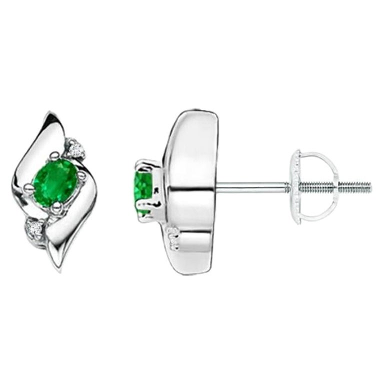Natural Oval Emerald and Diamond Stud Earrings in 14K White Gold (4x3mm) For Sale