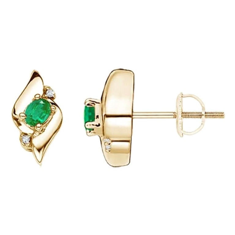 Natural Oval Emerald and Diamond Stud Earrings in 14K Yellow Gold (4x3mm) For Sale