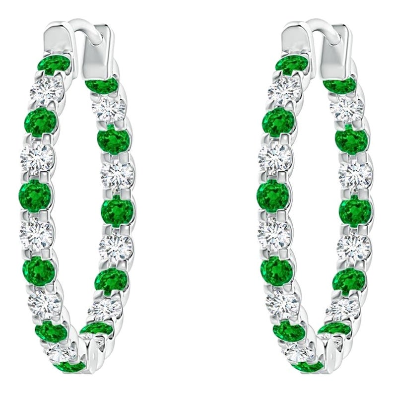 Natural Emerald and Diamond Inside Out Hoop Earrings in Platinum (1.5mm) For Sale