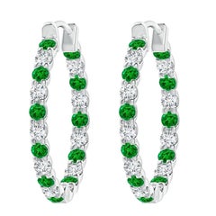 Natural Emerald and Diamond Inside Out Hoop Earrings in Platinum (1.5mm)