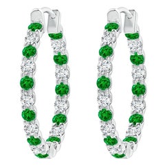 Natural Emerald and Diamond Inside Out Hoop Earrings in Platinum (1.7mm)