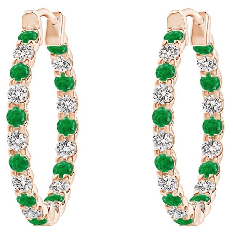 Natürlicher Smaragd und Diamant Inside Out Creolen aus 14K Roségold (1,5 mm) im Angebot