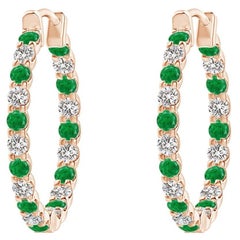 Natural Emerald and Diamond Inside Out Hoop Earrings in 14K Rose Gold (1.5mm)