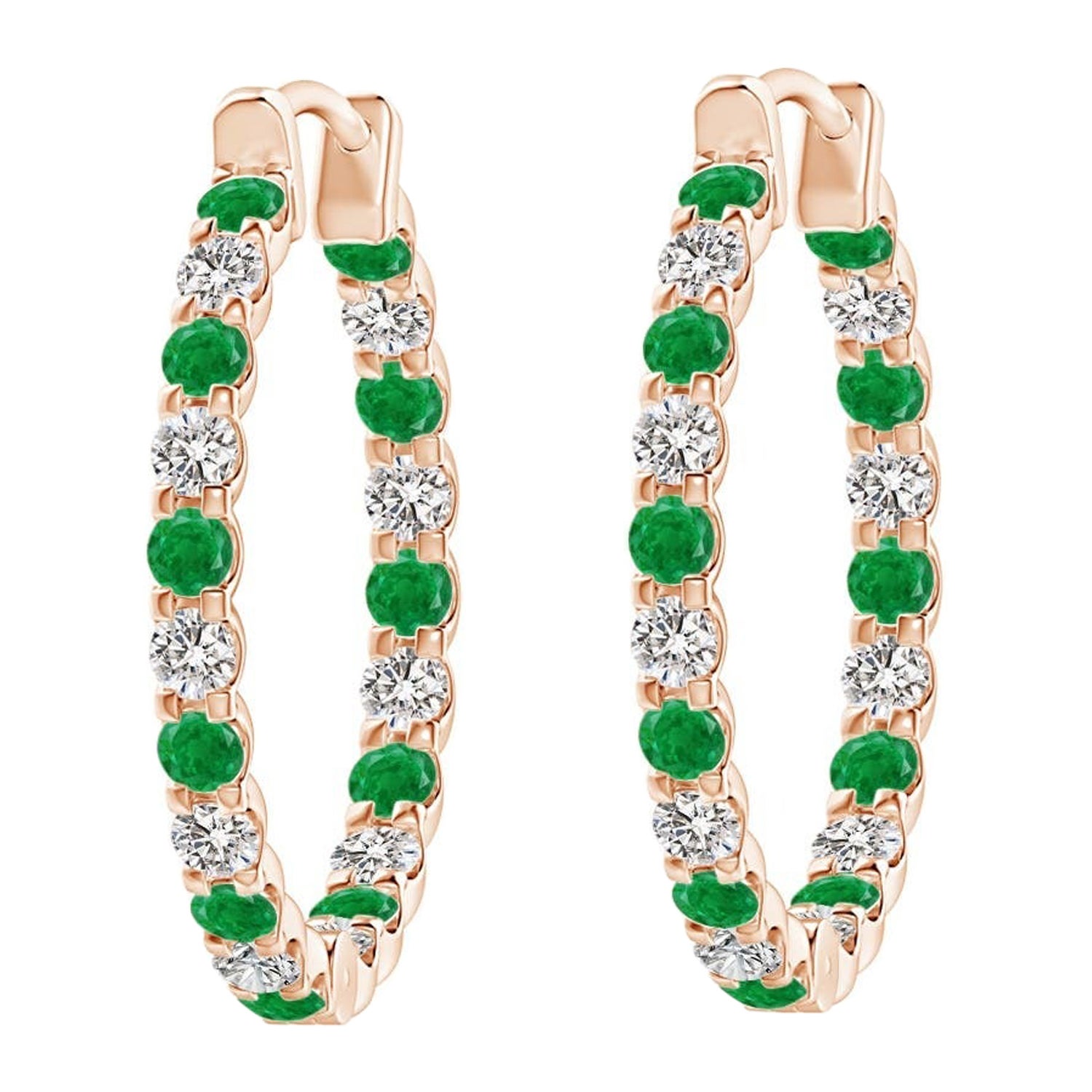 Natural Emerald and Diamond Inside Out Hoop Earrings in 14K Rose Gold (1.5mm) For Sale