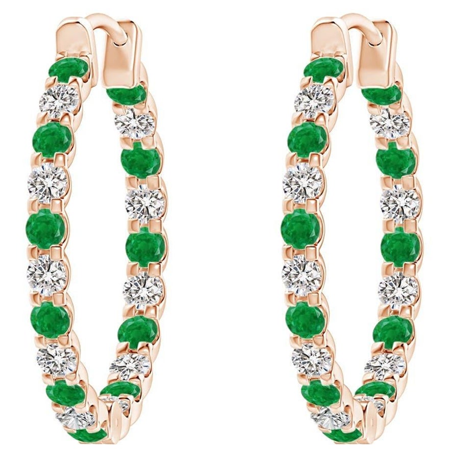 Natural Emerald and Diamond Inside Out Hoop Earrings in 14K Rose Gold (1.7mm)