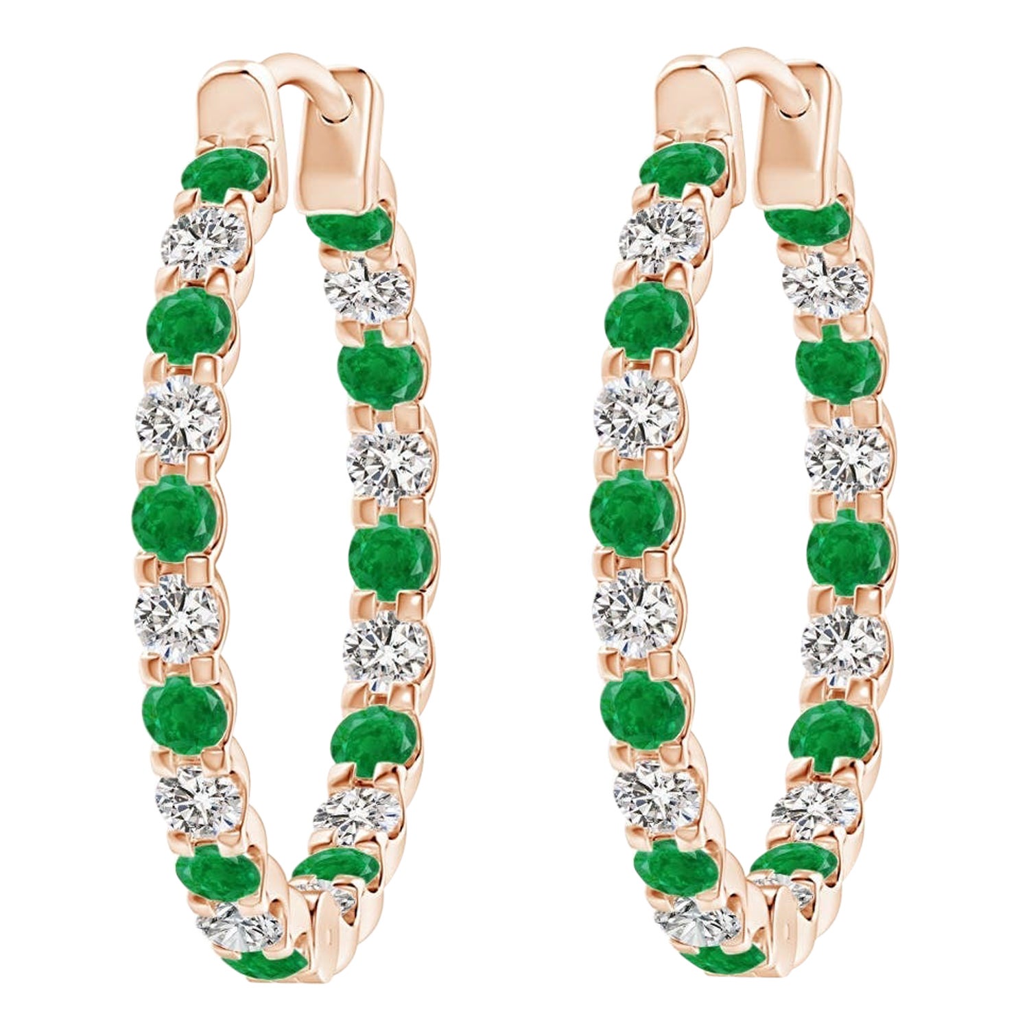 Natural Emerald and Diamond Inside Out Hoop Earrings in 14K Rose Gold (1.7mm)