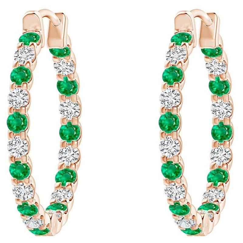 Natural Emerald and Diamond Inside Out Hoop Earrings in 14K Rose Gold (1.5mm)