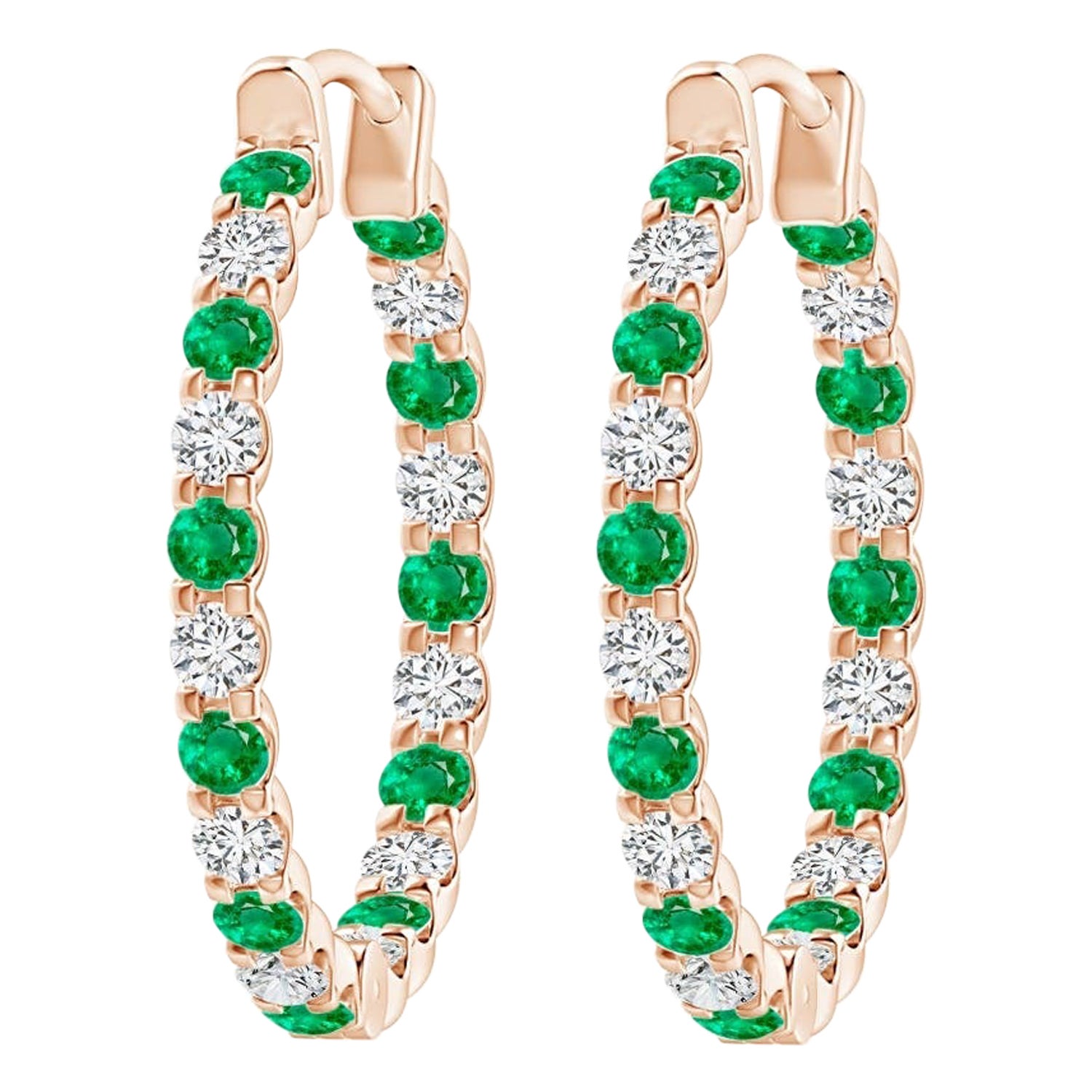 Natural Emerald and Diamond Inside Out Hoop Earrings in 14K Rose Gold (1.5mm)