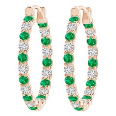 Orecchini a cerchio con diamante e smeraldo naturale in oro rosa 14K (1,5 mm)
