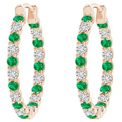 Natural Emerald and Diamond Inside Out Hoop Earrings in 14K Rose Gold (1.7mm)