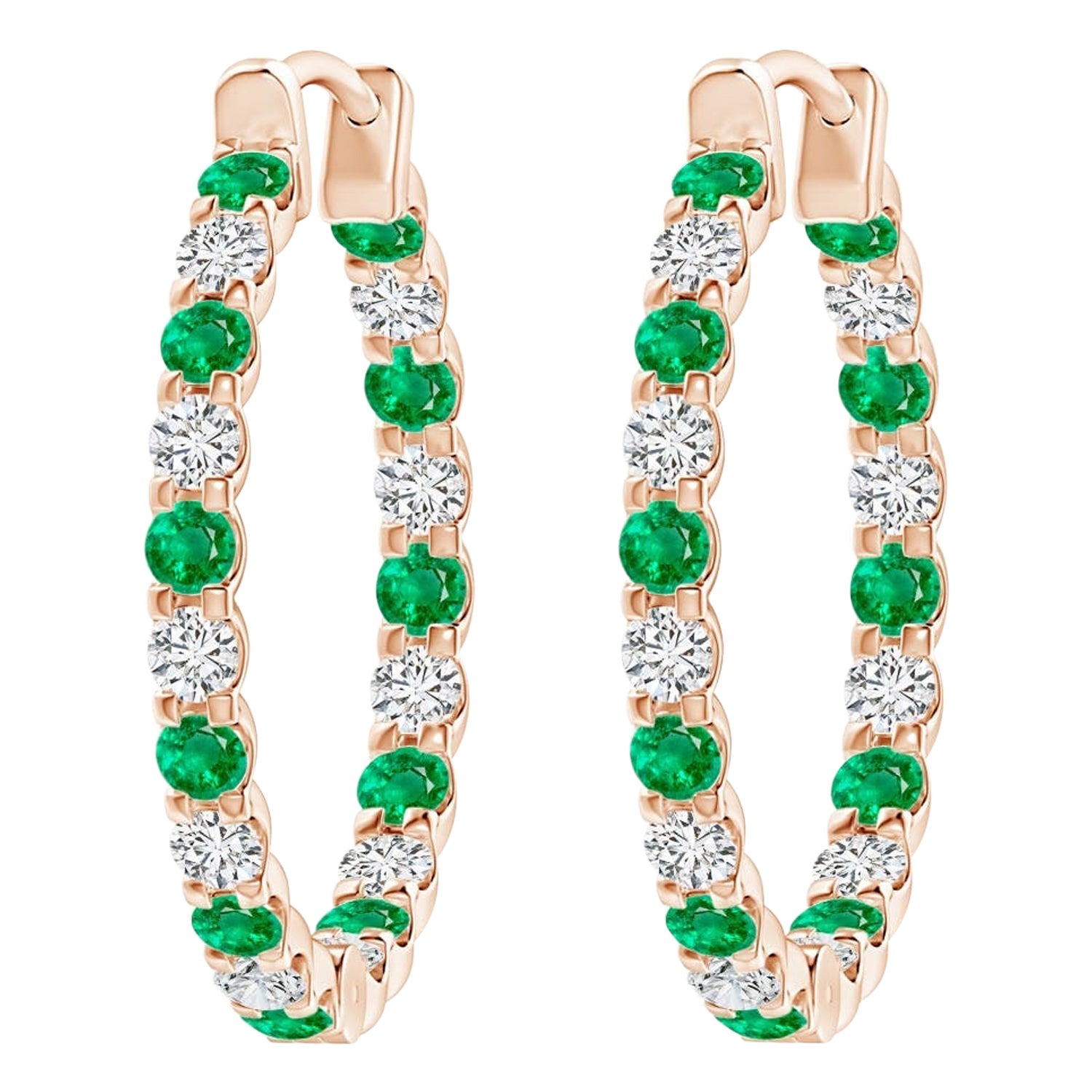 Natural Emerald and Diamond Inside Out Hoop Earrings in 14K Rose Gold (1.7mm)