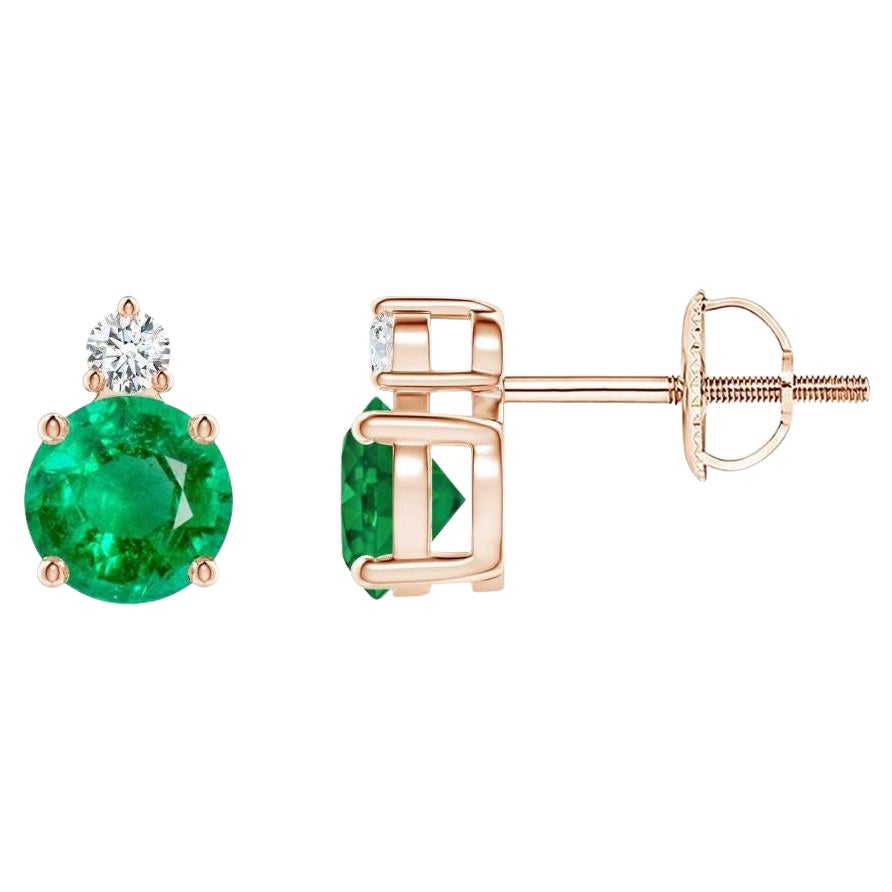 ANGARA Natural 0.90ct Emerald Stud Earrings with Diamond in 14K Rose Gold