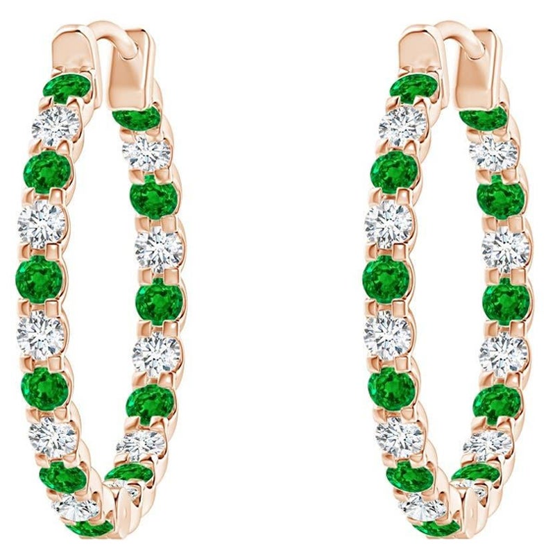 Natural Emerald and Diamond Inside Out Hoop Earrings in 14K Rose Gold (1.5mm)