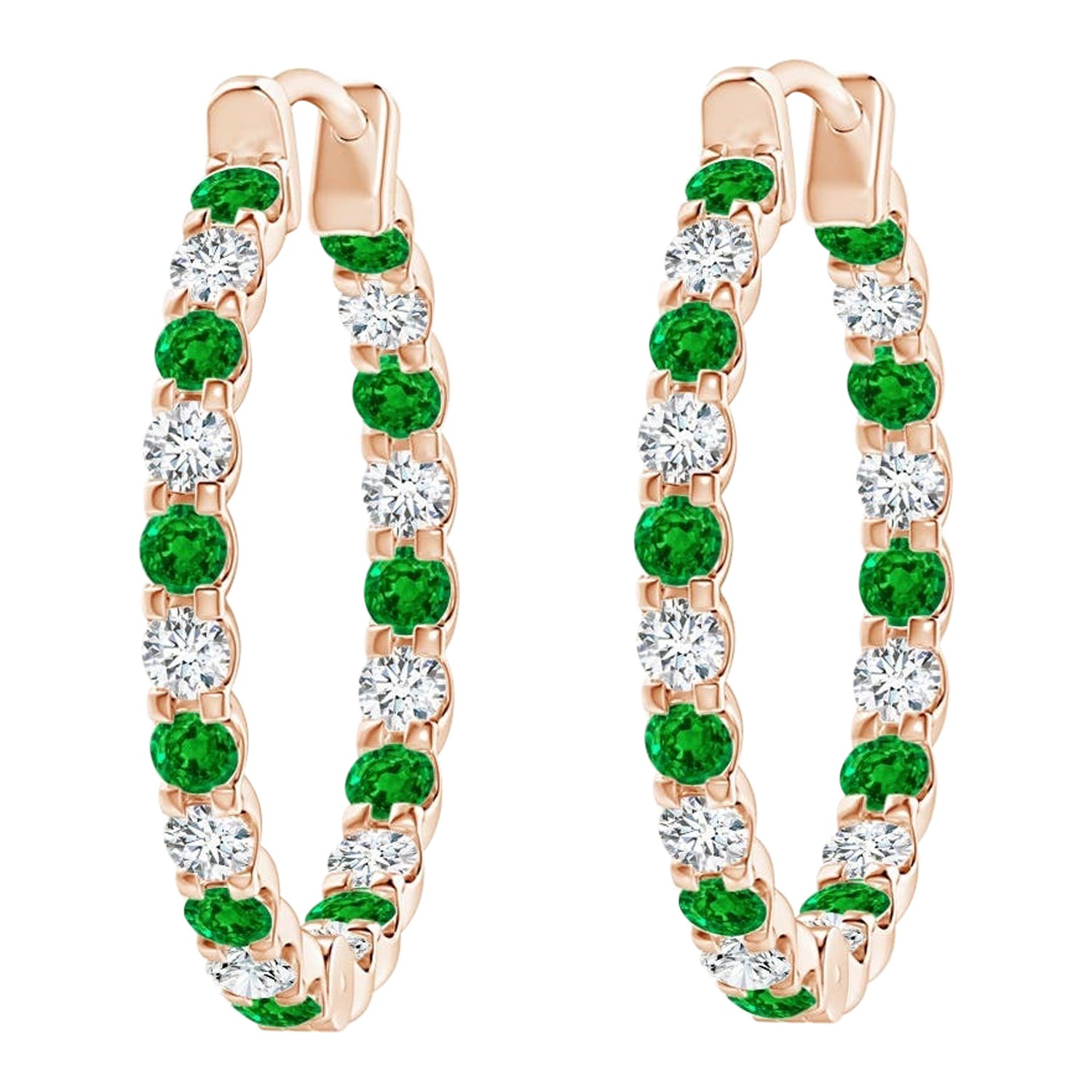 Natural Emerald and Diamond Inside Out Hoop Earrings in 14K Rose Gold (1.5mm)