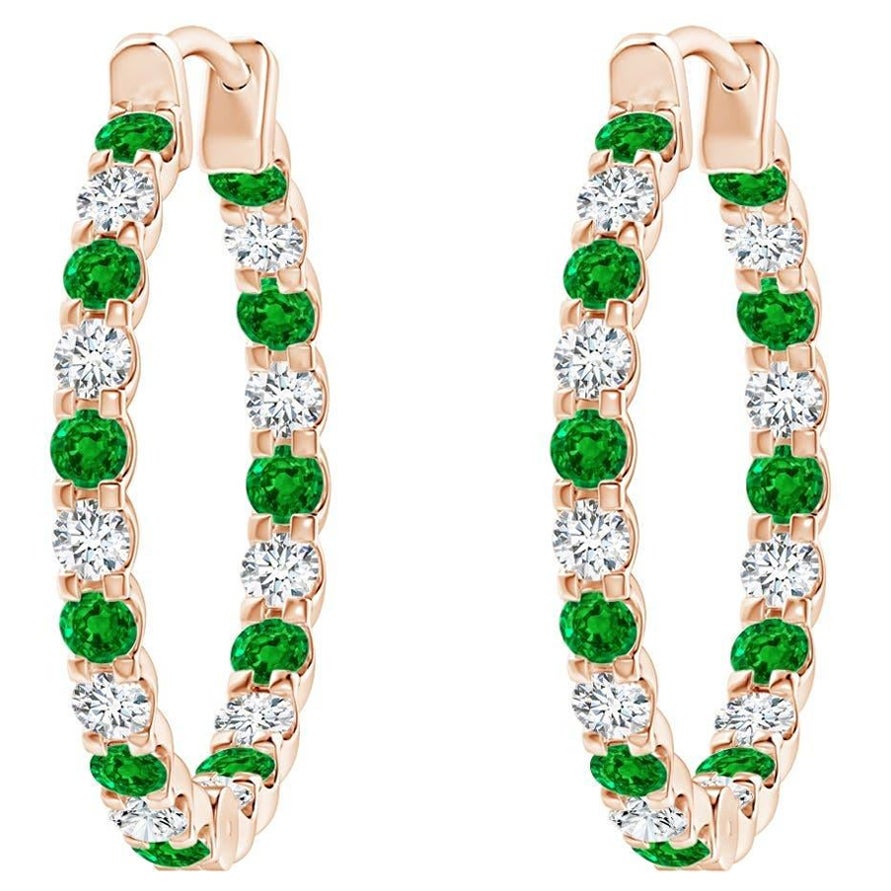 Natürlicher Smaragd und Diamant Inside Out Creolen aus 14K Roségold (1,7 mm) im Angebot