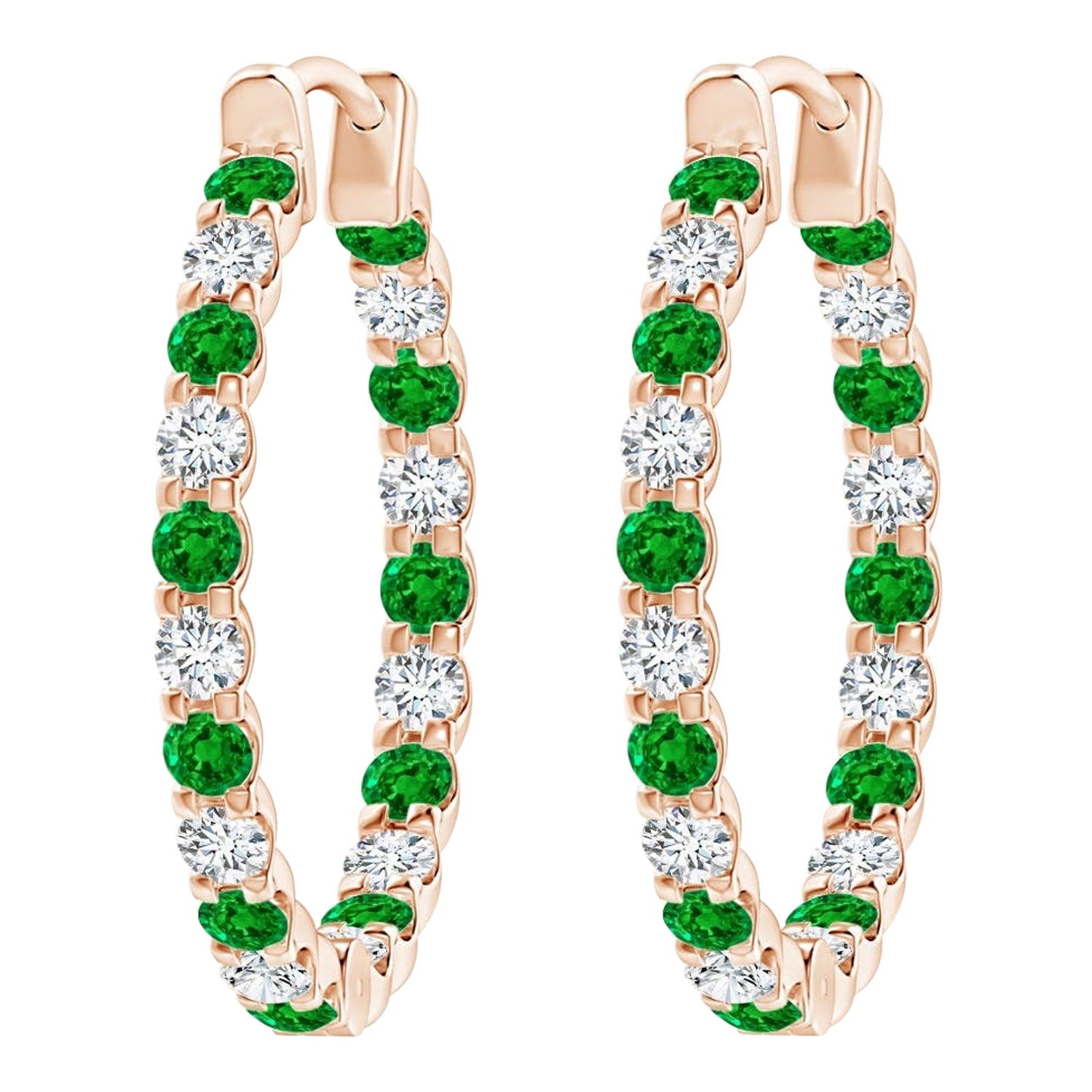 Natural Emerald and Diamond Inside Out Hoop Earrings in 14K Rose Gold (1.7mm)