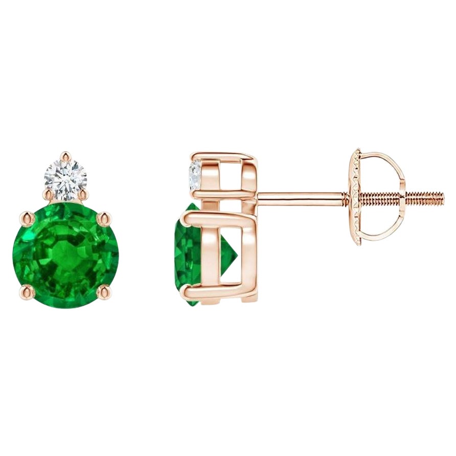 ANGARA Natural 0.90ct Emerald Stud Earrings with Diamond in 14K Rose Gold
