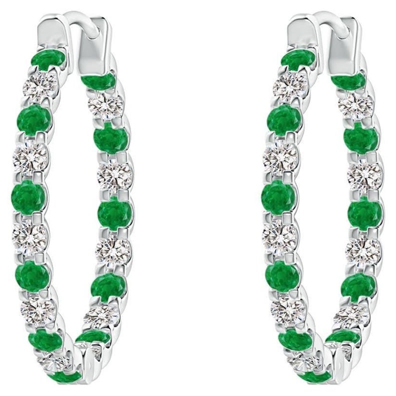 Natural Emerald and Diamond Inside Out Hoop Earrings in 14K White Gold (1.5mm) For Sale